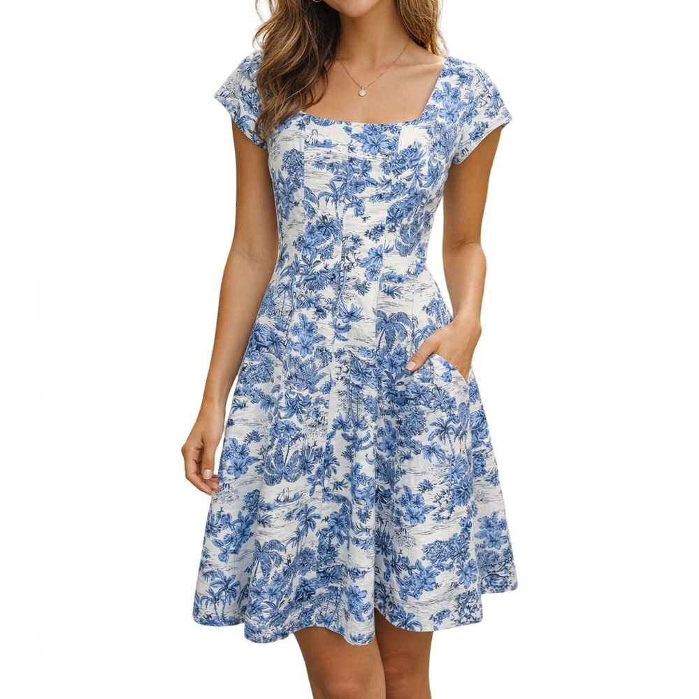 Blue Floral Square-Neck Fit & Flare Dress
